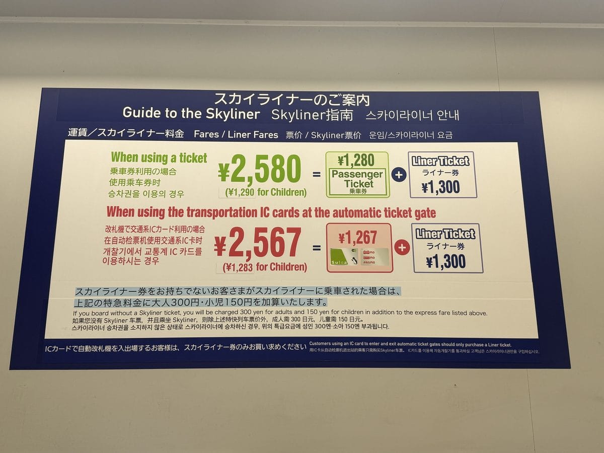 京成電鐵車站張貼的 Skyliner 票價告示牌,標示使用乘車券 2,580 日圓與使用 IC 卡 2,567 日圓