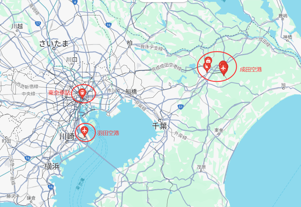 成田機場和羽田機場跟東京的相對位置