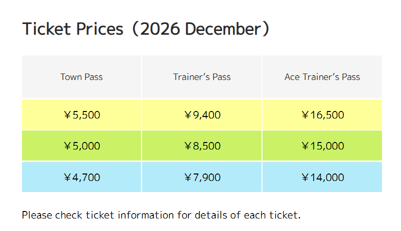 PokéPark KANTO 2026 年 12 月三種票的三段價格對照表