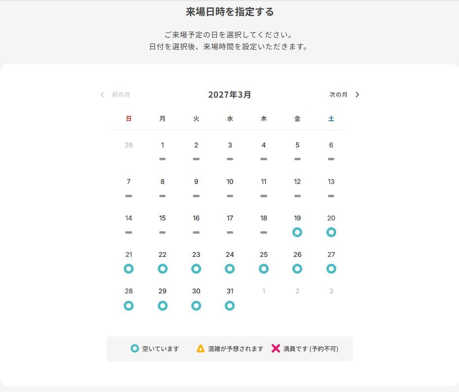 橫濱花博入場日時預約的2027年3月日曆,19日之後的日期標示藍色圓圈,下方圖例說明藍圈為有空位、黃色三角為預期擁擠、紅叉為滿員